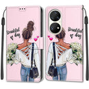 Voltage Coloured Drawing Magnetic Clasp Horizontal Flip PU Leather Case with Holder & Card Slots For Huawei P50 Pro(C09 Hug Flower)