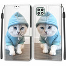 Voltage Coloured Drawing Magnetic Clasp Horizontal Flip PU Leather Case with Holder & Card Slots For Samsung Galaxy A22 5G(C15 Blue Sweater White Cat)