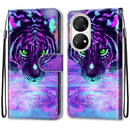For Huawei P50 Pro Coloured Drawing Cross Texture Horizontal Flip PU Leather Case with Holder & Card Slots & Wallet & Lanyard(Tiger Drinking Water)