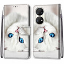 For Huawei P50 Pro Coloured Drawing Cross Texture Horizontal Flip PU Leather Case with Holder & Card Slots & Wallet & Lanyard(White Kitten)