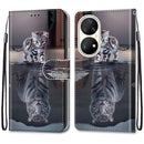 For Huawei P50 Pro Coloured Drawing Cross Texture Horizontal Flip PU Leather Case with Holder & Card Slots & Wallet & Lanyard(Cat Becomes Tiger)