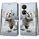For Huawei P50 Pro Coloured Drawing Cross Texture Horizontal Flip PU Leather Case with Holder & Card Slots & Wallet & Lanyard(Small Gray Cat)