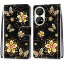 For Huawei P50 Pro Coloured Drawing Cross Texture Horizontal Flip PU Leather Case with Holder & Card Slots & Wallet & Lanyard(Gold Diamond Butterfly)
