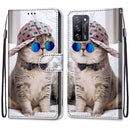 For OPPO A54 4G / A16 4G / A53s 5G / A55 5G Coloured Drawing Cross Texture Horizontal Flip PU Leather Case with Holder & Card Slots & Wallet & Lanyard(Slant Hat Blue Mirror Cat)