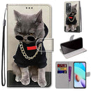 For Xiaomi Redmi 10 Coloured Drawing Cross Texture Horizontal Flip PU Leather Case with Holder & Card Slots & Wallet & Lanyard(Golden Chain Grey Cat)