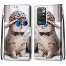 For Xiaomi Redmi 10 Coloured Drawing Cross Texture Horizontal Flip PU Leather Case with Holder & Card Slots & Wallet & Lanyard(Slant Hat Blue Mirror Cat)