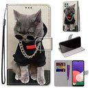 For Samsung Galaxy A22 5G Coloured Drawing Cross Texture Horizontal Flip PU Leather Case with Holder & Card Slots & Wallet & Lanyard(Golden Chain Grey Cat)
