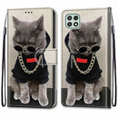 For Samsung Galaxy A22 5G Coloured Drawing Cross Texture Horizontal Flip PU Leather Case with Holder & Card Slots & Wallet & Lanyard(Golden Chain Grey Cat)