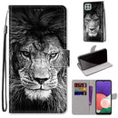 For Samsung Galaxy A22 5G Coloured Drawing Cross Texture Horizontal Flip PU Leather Case with Holder & Card Slots & Wallet & Lanyard(Black White Lion Head)