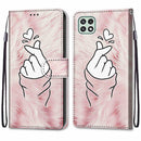 For Samsung Galaxy A22 5G Coloured Drawing Cross Texture Horizontal Flip PU Leather Case with Holder & Card Slots & Wallet & Lanyard(Pink Hands Heart)
