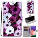 For Samsung Galaxy A22 5G Coloured Drawing Cross Texture Horizontal Flip PU Leather Case with Holder & Card Slots & Wallet & Lanyard(Chrysanthemum Pink White Purple)