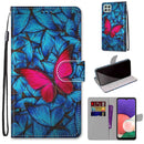 For Samsung Galaxy A22 5G Coloured Drawing Cross Texture Horizontal Flip PU Leather Case with Holder & Card Slots & Wallet & Lanyard(Blue Red Butterfly)