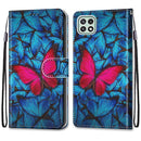 For Samsung Galaxy A22 5G Coloured Drawing Cross Texture Horizontal Flip PU Leather Case with Holder & Card Slots & Wallet & Lanyard(Blue Red Butterfly)