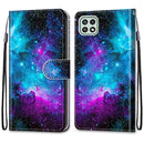 For Samsung Galaxy A22 5G Coloured Drawing Cross Texture Horizontal Flip PU Leather Case with Holder & Card Slots & Wallet & Lanyard(Purple Green Starry Sky)