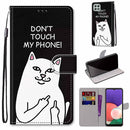 For Samsung Galaxy A22 5G Coloured Drawing Cross Texture Horizontal Flip PU Leather Case with Holder & Card Slots & Wallet & Lanyard(Middle Finger White Cat)