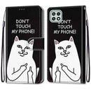 For Samsung Galaxy A22 5G Coloured Drawing Cross Texture Horizontal Flip PU Leather Case with Holder & Card Slots & Wallet & Lanyard(Middle Finger White Cat)