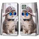 For Samsung Galaxy A22 5G Coloured Drawing Cross Texture Horizontal Flip PU Leather Case with Holder & Card Slots & Wallet & Lanyard(Slant Hat Blue Mirror Cat)