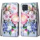 For Samsung Galaxy M32 4G / F22 Coloured Drawing Cross Texture Horizontal Flip PU Leather Case with Holder & Card Slots & Wallet & Lanyard(Light Pink Bouquet)