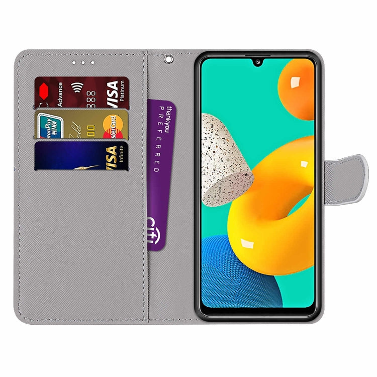 For Samsung Galaxy M32 4G / F22 Coloured Drawing Cross Texture Horizontal Flip PU Leather Case with Holder & Card Slots & Wallet & Lanyard(Light Pink Bouquet)