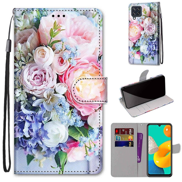 For Samsung Galaxy M32 4G / F22 Coloured Drawing Cross Texture Horizontal Flip PU Leather Case with Holder & Card Slots & Wallet & Lanyard(Light Pink Bouquet)