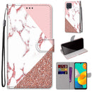 For Samsung Galaxy M32 4G / F22 Coloured Drawing Cross Texture Horizontal Flip PU Leather Case with Holder & Card Slots & Wallet & Lanyard(Pink Stone Texture)