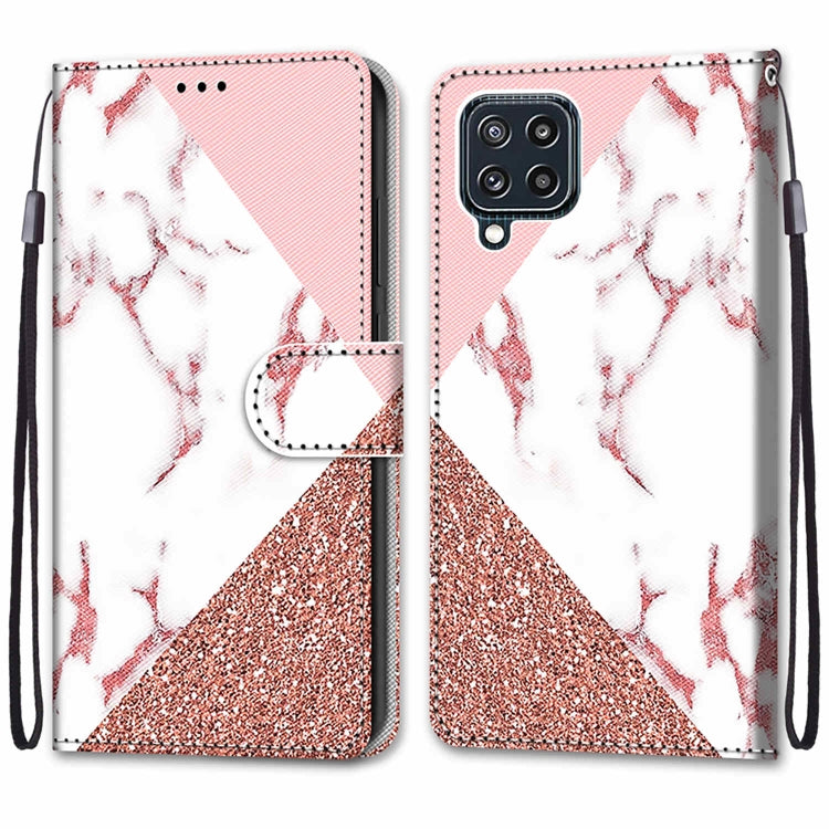 For Samsung Galaxy M32 4G / F22 Coloured Drawing Cross Texture Horizontal Flip PU Leather Case with Holder & Card Slots & Wallet & Lanyard(Pink Stone Texture)
