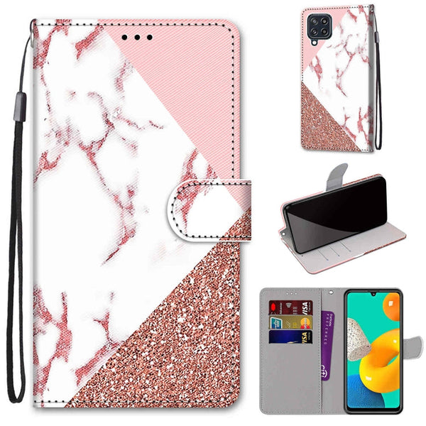 For Samsung Galaxy M32 4G / F22 Coloured Drawing Cross Texture Horizontal Flip PU Leather Case with Holder & Card Slots & Wallet & Lanyard(Pink Stone Texture)