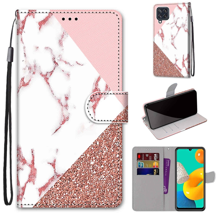 For Samsung Galaxy M32 4G / F22 Coloured Drawing Cross Texture Horizontal Flip PU Leather Case with Holder & Card Slots & Wallet & Lanyard(Pink Stone Texture)