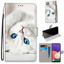 For Samsung Galaxy A22 5G Coloured Drawing Cross Texture Horizontal Flip PU Leather Case with Holder & Card Slots & Wallet & Lanyard(White Kitten)