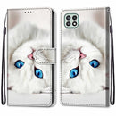 For Samsung Galaxy A22 5G Coloured Drawing Cross Texture Horizontal Flip PU Leather Case with Holder & Card Slots & Wallet & Lanyard(White Kitten)