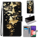 For Samsung Galaxy A22 5G Coloured Drawing Cross Texture Horizontal Flip PU Leather Case with Holder & Card Slots & Wallet & Lanyard(Golden Butterfly Group)