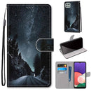 For Samsung Galaxy A22 5G Coloured Drawing Cross Texture Horizontal Flip PU Leather Case with Holder & Card Slots & Wallet & Lanyard(Mountain Road Starry Sky)