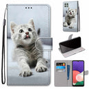 For Samsung Galaxy A22 5G Coloured Drawing Cross Texture Horizontal Flip PU Leather Case with Holder & Card Slots & Wallet & Lanyard(Small Gray Cat)
