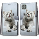 For Samsung Galaxy A22 5G Coloured Drawing Cross Texture Horizontal Flip PU Leather Case with Holder & Card Slots & Wallet & Lanyard(Small Gray Cat)
