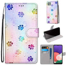 For Samsung Galaxy A22 5G Coloured Drawing Cross Texture Horizontal Flip PU Leather Case with Holder & Card Slots & Wallet & Lanyard(Footprint Water Drops)