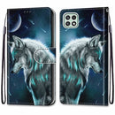 For Samsung Galaxy A22 5G Coloured Drawing Cross Texture Horizontal Flip PU Leather Case with Holder & Card Slots & Wallet & Lanyard(Pensive Wolf)