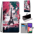 For Samsung Galaxy A22 5G Coloured Drawing Cross Texture Horizontal Flip PU Leather Case with Holder & Card Slots & Wallet & Lanyard(Pink Flower Tower Bridge)