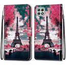 For Samsung Galaxy A22 5G Coloured Drawing Cross Texture Horizontal Flip PU Leather Case with Holder & Card Slots & Wallet & Lanyard(Pink Flower Tower Bridge)