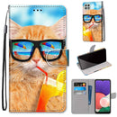 For Samsung Galaxy A22 5G Coloured Drawing Cross Texture Horizontal Flip PU Leather Case with Holder & Card Slots & Wallet & Lanyard(Cat Drinking Soda)