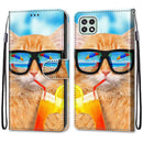 For Samsung Galaxy A22 5G Coloured Drawing Cross Texture Horizontal Flip PU Leather Case with Holder & Card Slots & Wallet & Lanyard(Cat Drinking Soda)