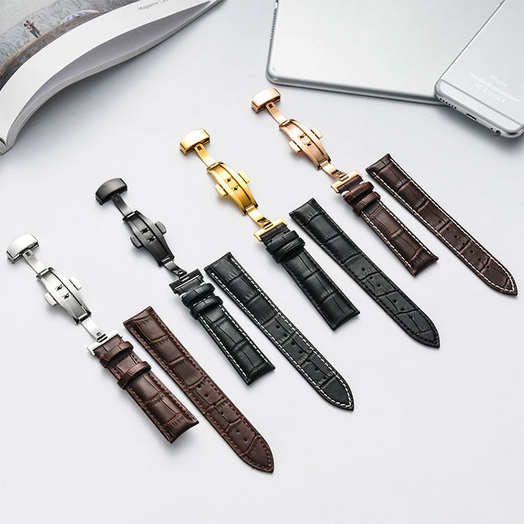 22mm Classic Cowhide Leather Gold Butterfly Buckle Watch Band(Brown)