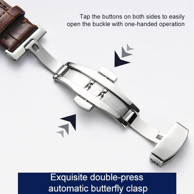 22mm Classic Cowhide Leather Gold Butterfly Buckle Watch Band(Brown)