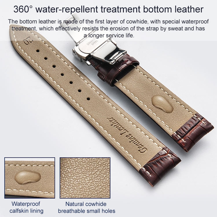 22mm Classic Cowhide Leather Gold Butterfly Buckle Watch Band(Brown)