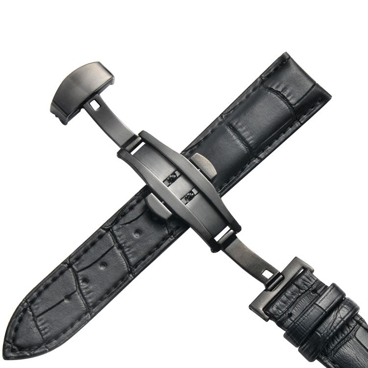 14mm Classic Cowhide Leather Black Butterfly Buckle Watch Band(Black)