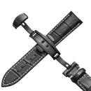 20mm Classic Cowhide Leather Black Butterfly Buckle Watch Band(Black White Lines)