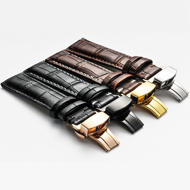 22mm Classic Cowhide Leather Black Butterfly Buckle Watch Band(Black White Lines)