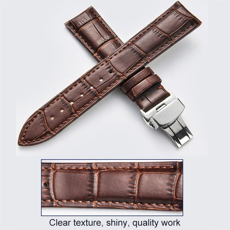 22mm Classic Cowhide Leather Black Butterfly Buckle Watch Band(Brown White Lines)
