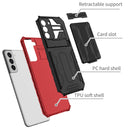 For Samsung Galaxy S21 FE 5G Armor Card PC + TPU Shockproof Case with Card Slot & Invisible Holder(Red)