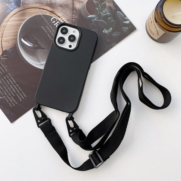 Elastic Silicone Protective Case with Wide Neck Lanyard For iPhone 13 mini(Black)