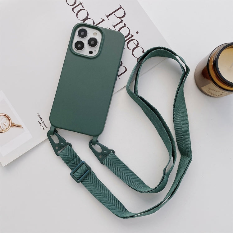 Elastic Silicone Protective Case with Wide Neck Lanyard For iPhone 13(Dark Green)